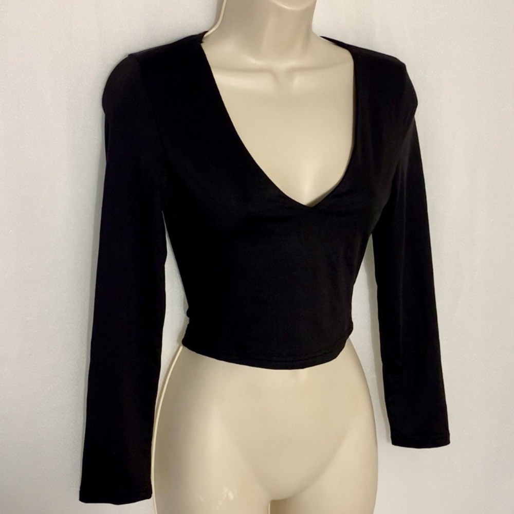 Silky Black long sleeve v neck crop top
